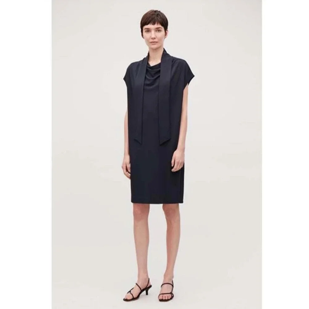 COS Scarf Neck Shift Dress Women Medium Navy Blue Minimalist Lagenlook oversized
